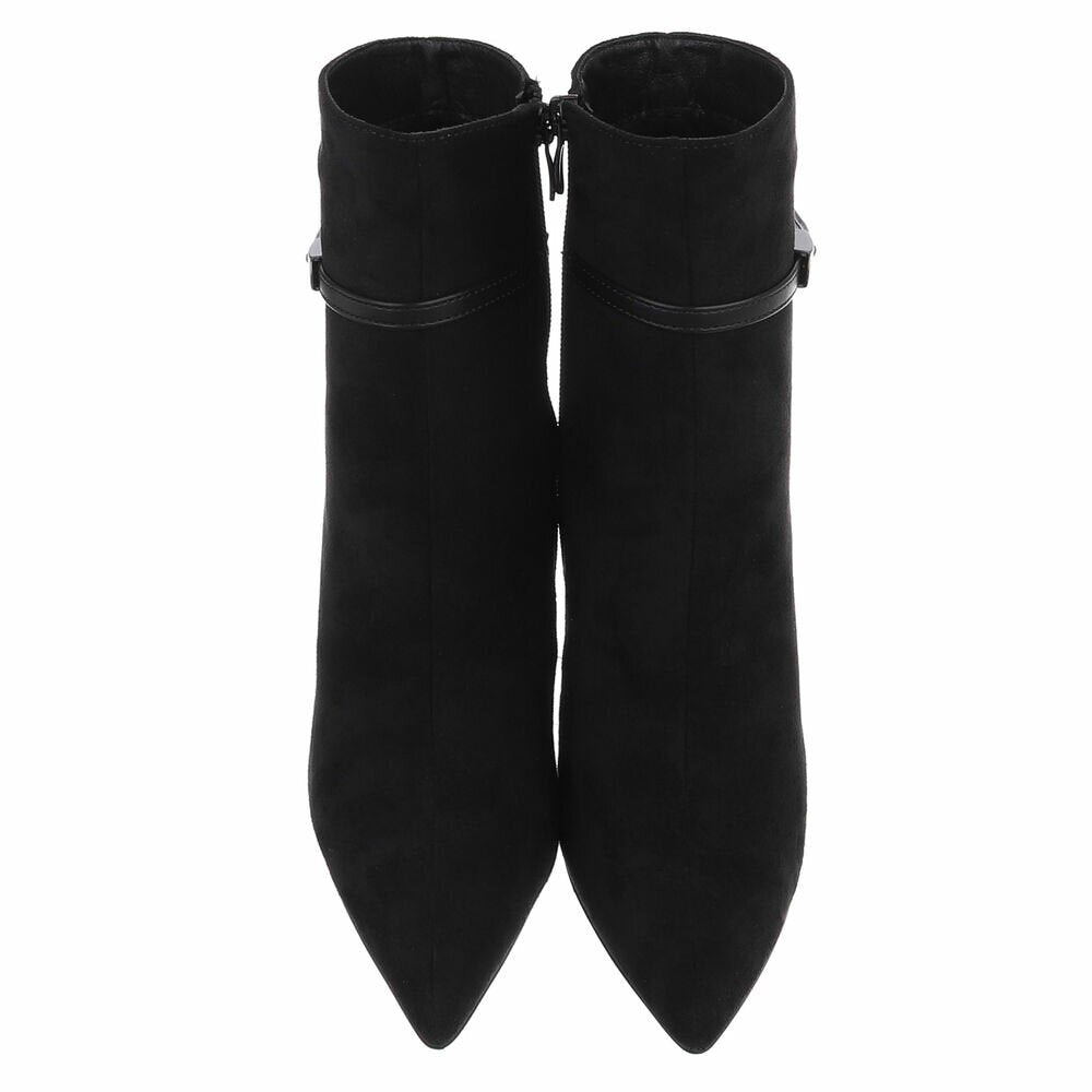 BOTTINES FEMME NOIRES À TALON AIGUILLE ET BOUT POINTU – ASPECT DAIM AVEC FINE BRIDE À BOUCLE MÉTALLIQUE