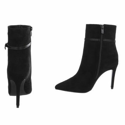 BOTTINES FEMME NOIRES À TALON AIGUILLE ET BOUT POINTU – ASPECT DAIM AVEC FINE BRIDE À BOUCLE MÉTALLIQUE