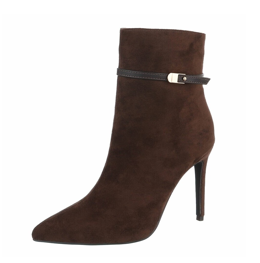 BOTTINES FEMME MARRON CHOCOLAT À TALON AIGUILLE ET BOUT POINTU – ASPECT DAIM AVEC FINE BRIDE À BOUCLE DORÉE
