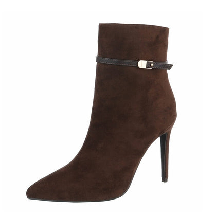 BOTTINES FEMME MARRON CHOCOLAT À TALON AIGUILLE ET BOUT POINTU – ASPECT DAIM AVEC FINE BRIDE À BOUCLE DORÉE