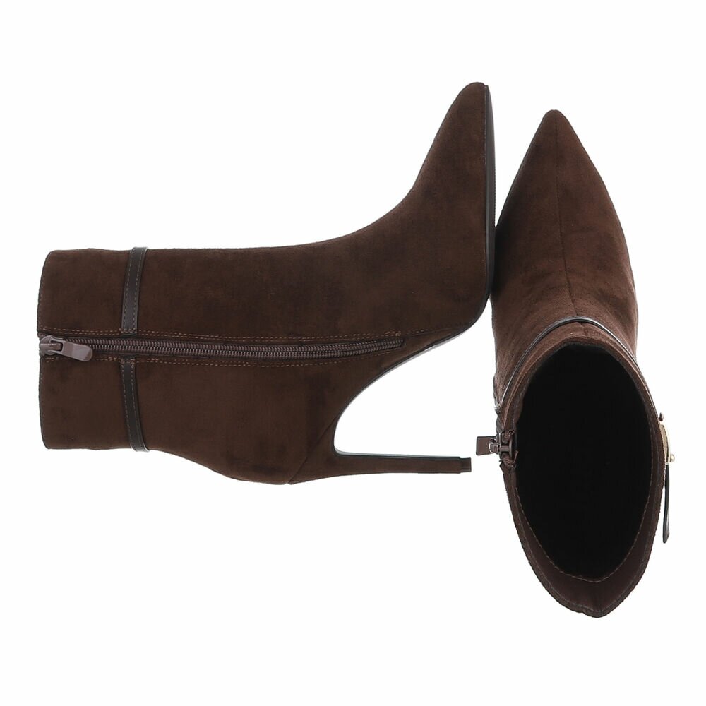 BOTTINES FEMME MARRON CHOCOLAT À TALON AIGUILLE ET BOUT POINTU – ASPECT DAIM AVEC FINE BRIDE À BOUCLE DORÉE