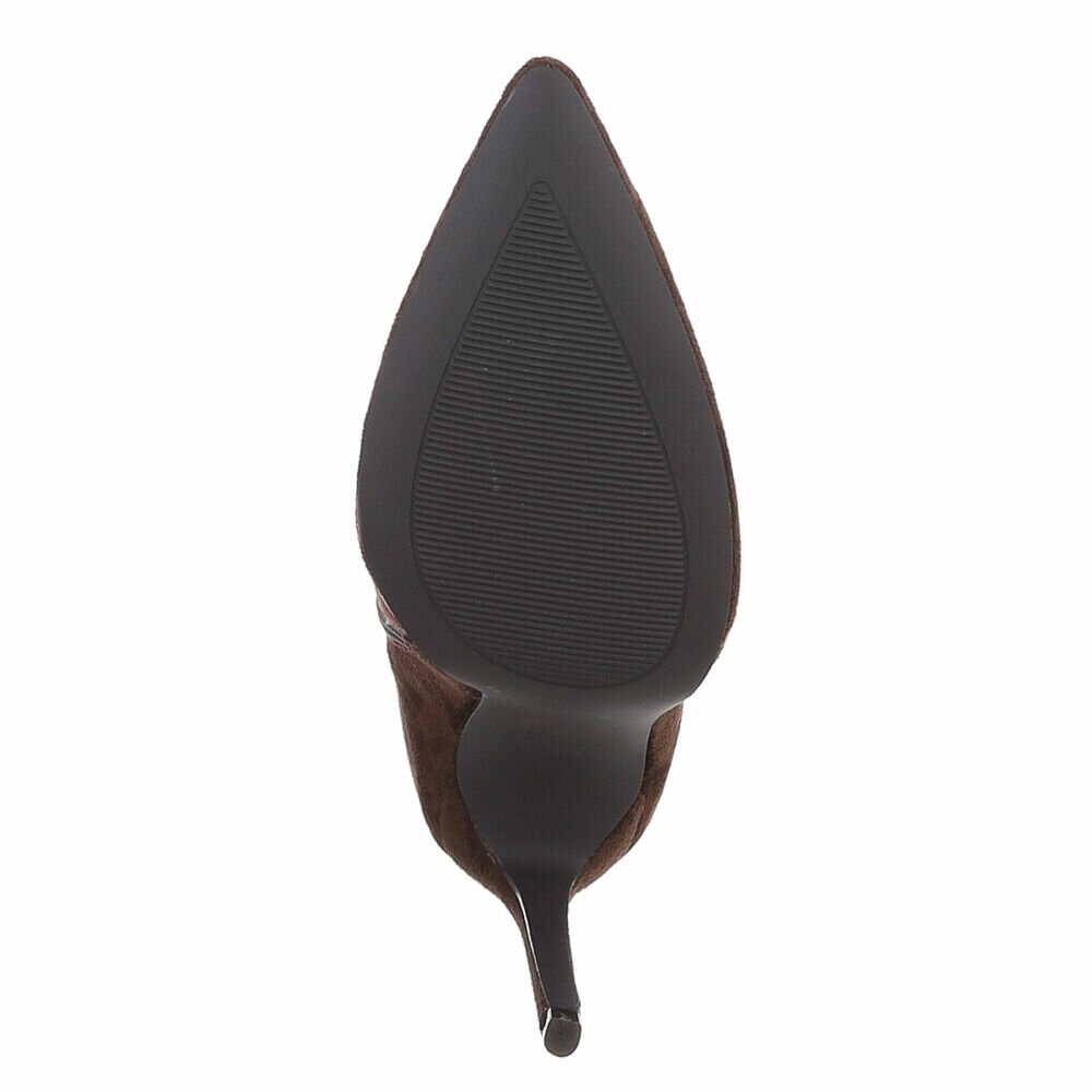 BOTTINES FEMME MARRON CHOCOLAT À TALON AIGUILLE ET BOUT POINTU – ASPECT DAIM AVEC FINE BRIDE À BOUCLE DORÉE