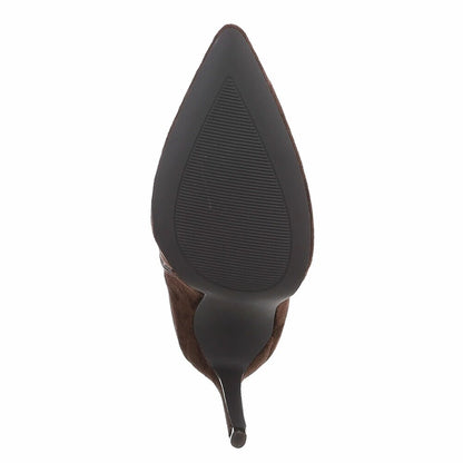 BOTTINES FEMME MARRON CHOCOLAT À TALON AIGUILLE ET BOUT POINTU – ASPECT DAIM AVEC FINE BRIDE À BOUCLE DORÉE