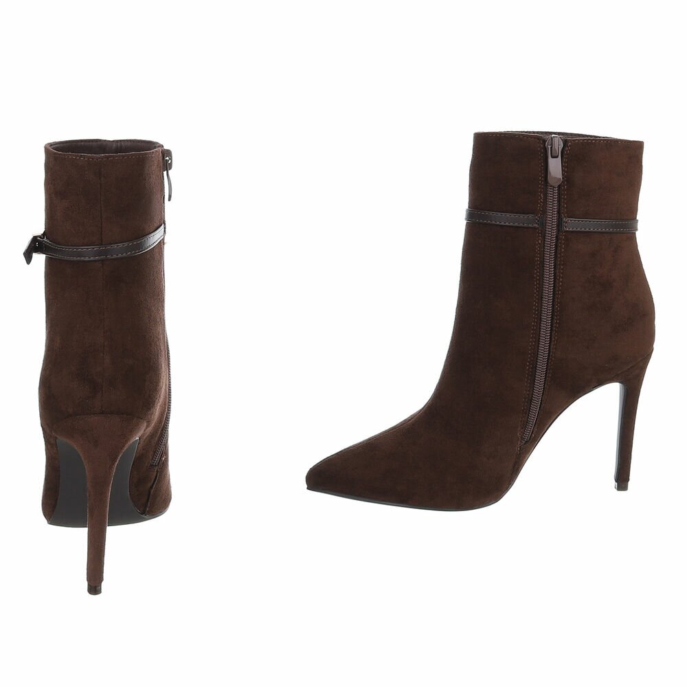 BOTTINES FEMME MARRON CHOCOLAT À TALON AIGUILLE ET BOUT POINTU – ASPECT DAIM AVEC FINE BRIDE À BOUCLE DORÉE