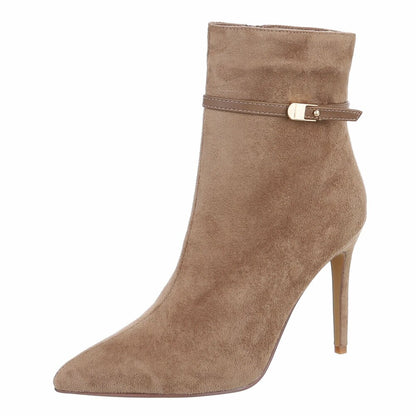 BOTTINES FEMME TAUPE À TALON AIGUILLE ET BOUT POINTU – ASPECT DAIM AVEC FINE BRIDE À BOUCLE DORÉE
