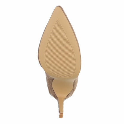 BOTTINES FEMME TAUPE À TALON AIGUILLE ET BOUT POINTU – ASPECT DAIM AVEC FINE BRIDE À BOUCLE DORÉE