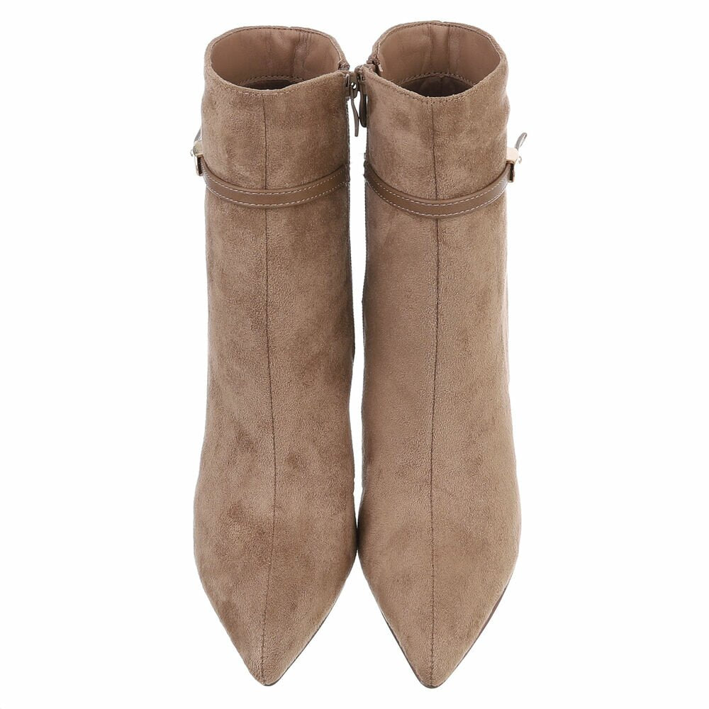 BOTTINES FEMME TAUPE À TALON AIGUILLE ET BOUT POINTU – ASPECT DAIM AVEC FINE BRIDE À BOUCLE DORÉE