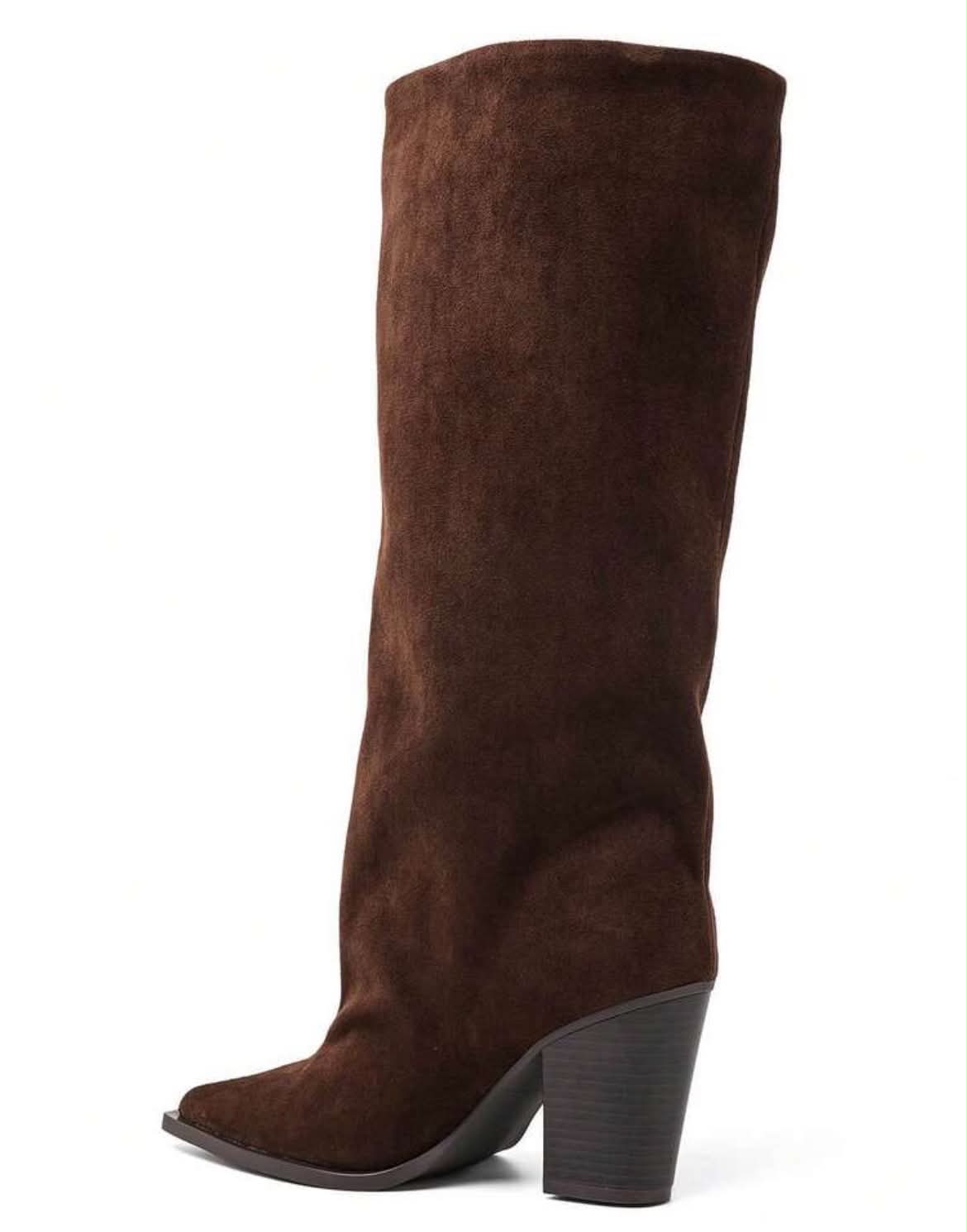 BOTTES HAUTES SUÉDINE BOUT POINTU TALON BLOC – MISS ABIGAIL CHOCO