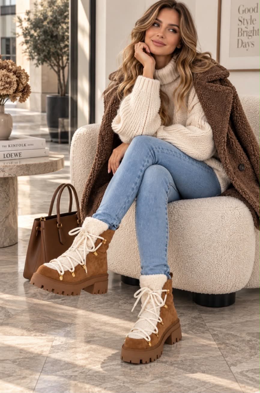 BOOTS RANDO EFFET DAIM ET MOUMOUTE – BOTTINES FEMME À LACETS SEMELLE CRANTÉE CAMEL