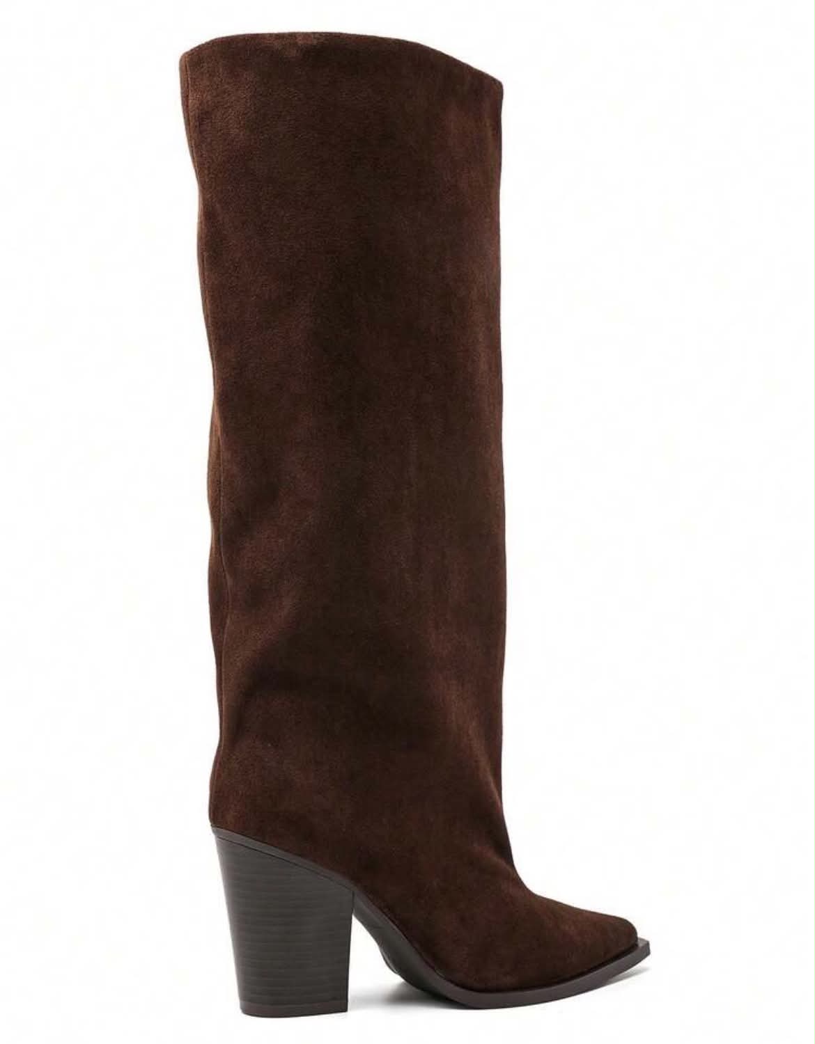 BOTTES HAUTES SUÉDINE BOUT POINTU TALON BLOC – MISS ABIGAIL CHOCO