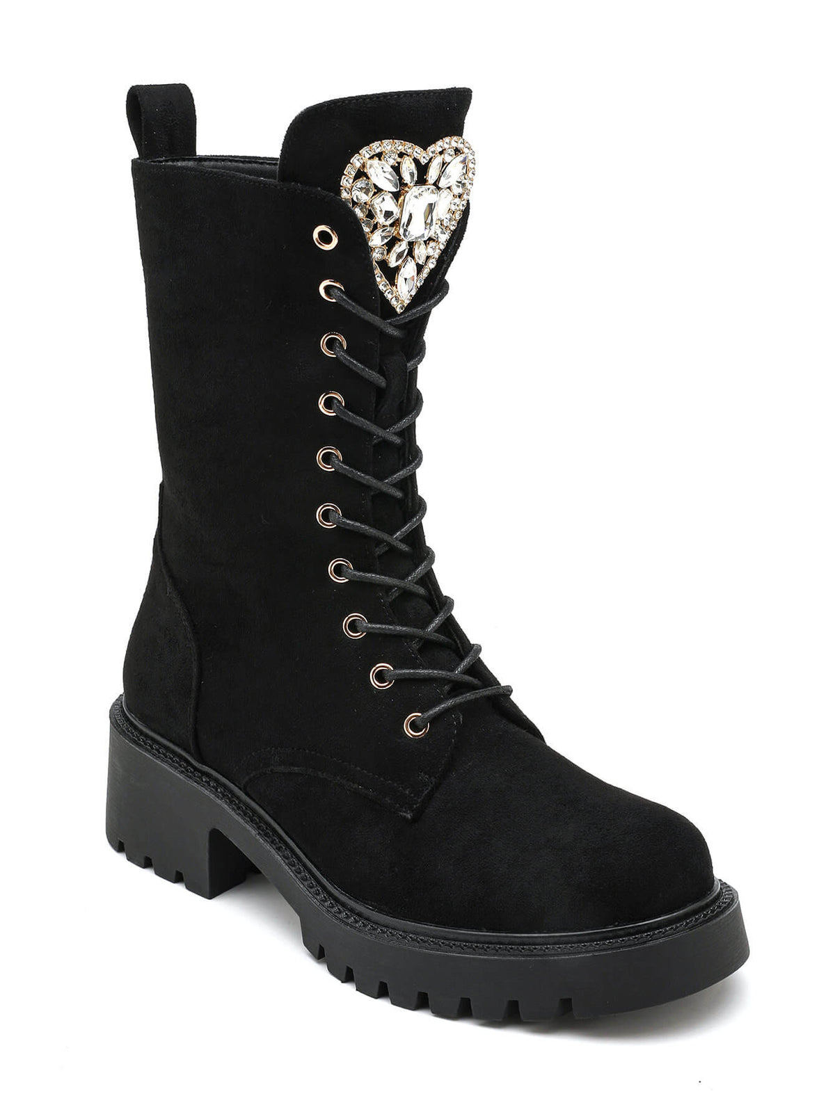 BOOTS SUÉDINE NOIRE LACETS CŒUR STRASS SEMELLE PLATEFORME MISS CRISTAL