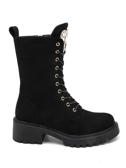 BOOTS SUÉDINE NOIRE LACETS CŒUR STRASS SEMELLE PLATEFORME MISS CRISTAL