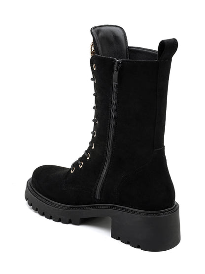 BOOTS SUÉDINE NOIRE LACETS CŒUR STRASS SEMELLE PLATEFORME MISS CRISTAL