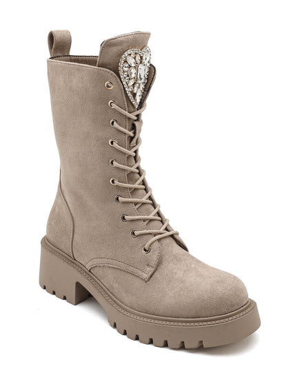 BOOTS SUÉDINE BEIGE TAUPE LACETS CŒUR STRASS SEMELLE PLATEFORME MISS CRISTAL (Copie)
