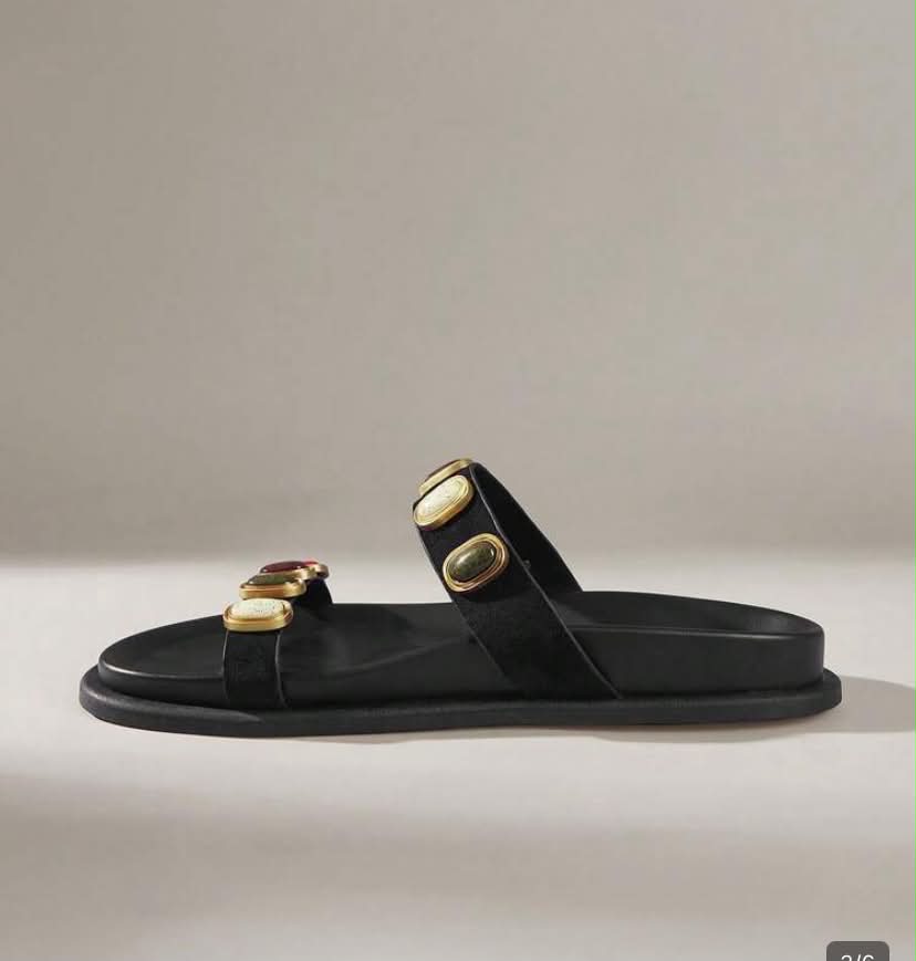 Sandales Joya en Simili Cuir Noir – Ornements de Pierres Cabochons Colorées