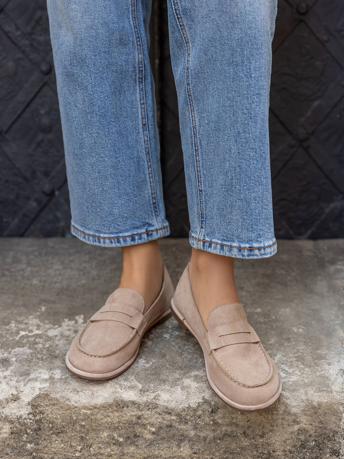 MOCASSINS PENNY LOAFERS EFFET DAIM – MOCASSINS FEMME PLATS CONFORTABLES TAUPE BEIGE