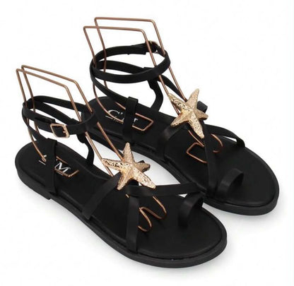 Sandales Bohèmes "Étoile de Mer" - Élégance Dorée & Noir Chic