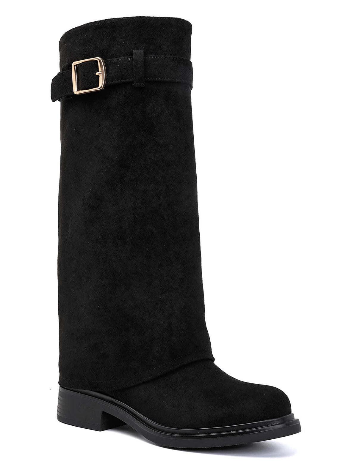 BOTTES SUÉDINE NOIRE TIGE REPLIÉE BOUCLE DORÉE TALON BLOC MISS ADDY