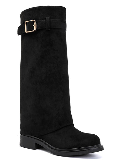 BOTTES SUÉDINE NOIRE TIGE REPLIÉE BOUCLE DORÉE TALON BLOC MISS ADDY