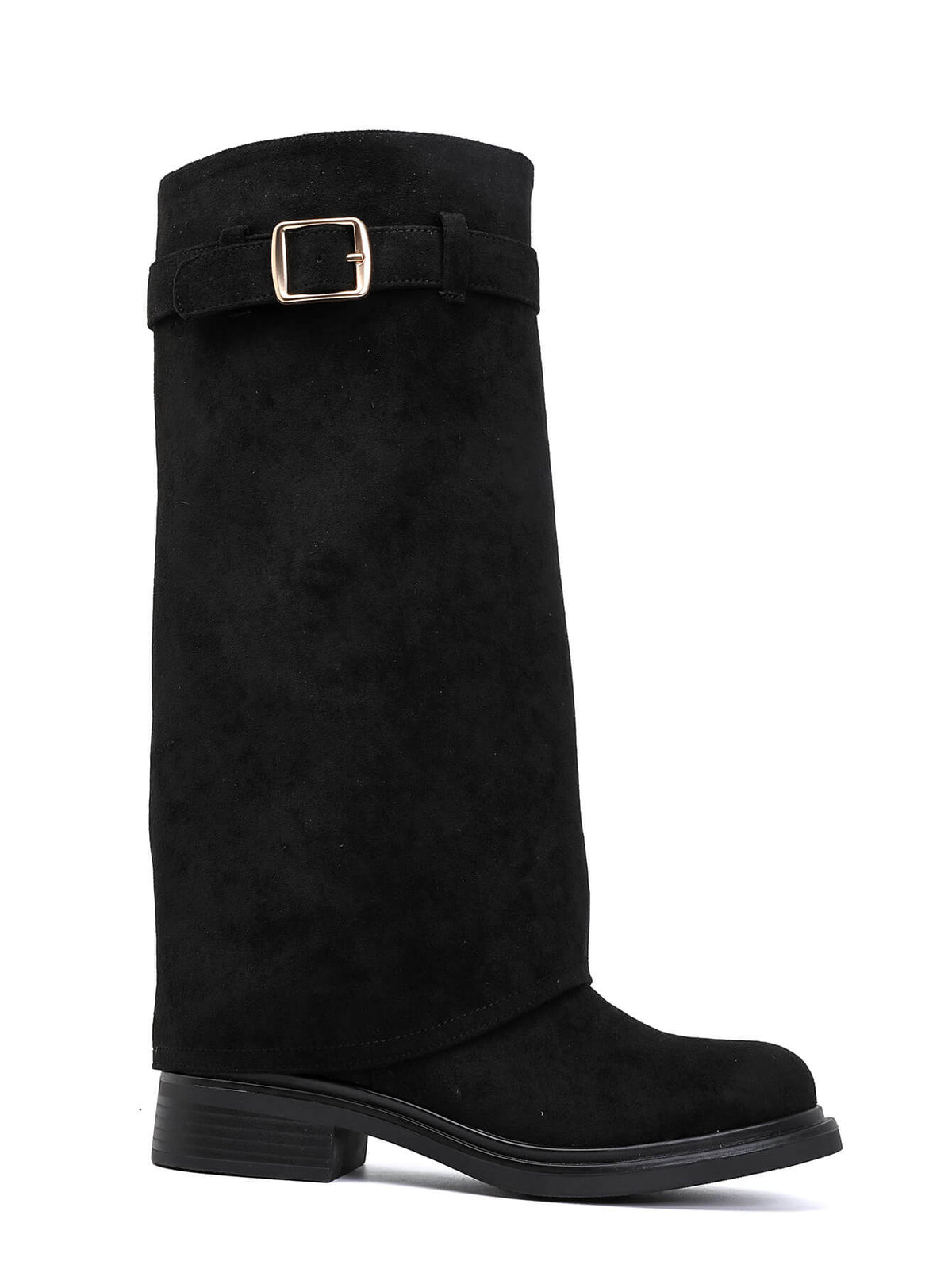 BOTTES SUÉDINE NOIRE TIGE REPLIÉE BOUCLE DORÉE TALON BLOC MISS ADDY