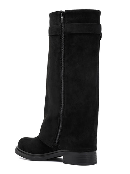 BOTTES SUÉDINE NOIRE TIGE REPLIÉE BOUCLE DORÉE TALON BLOC MISS ADDY