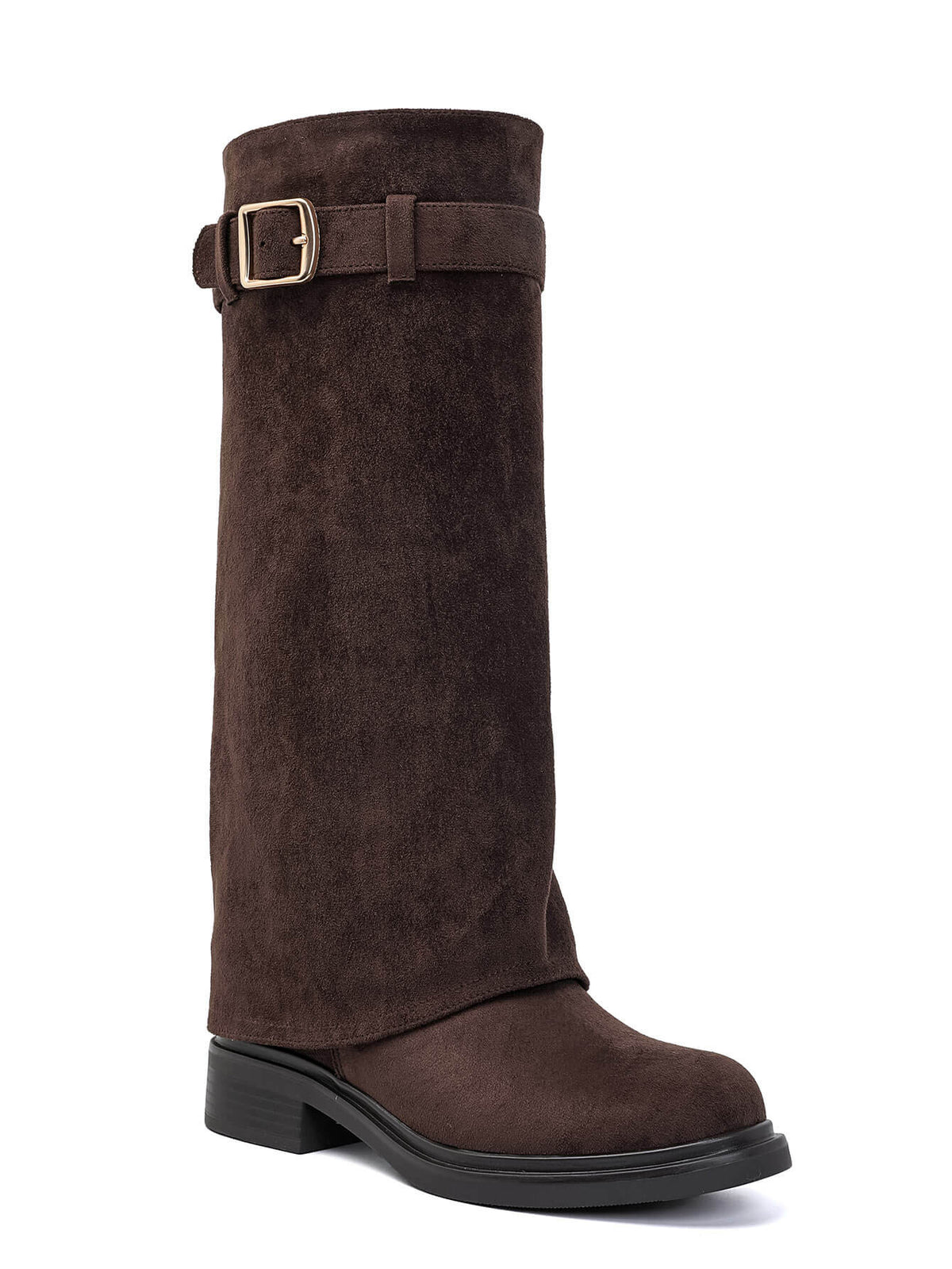 BOTTES SUÉDINE CHOCO TIGE REPLIÉE BOUCLE DORÉE TALON BLOC MISS ADDY