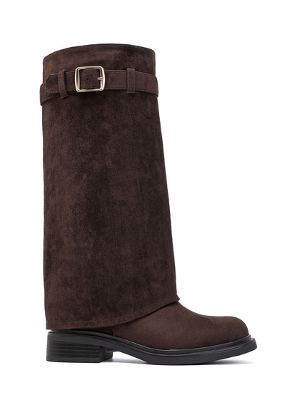 BOTTES SUÉDINE CHOCO TIGE REPLIÉE BOUCLE DORÉE TALON BLOC MISS ADDY