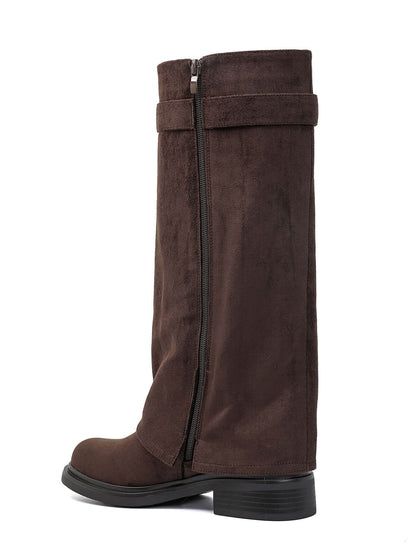 BOTTES SUÉDINE CHOCO TIGE REPLIÉE BOUCLE DORÉE TALON BLOC MISS ADDY