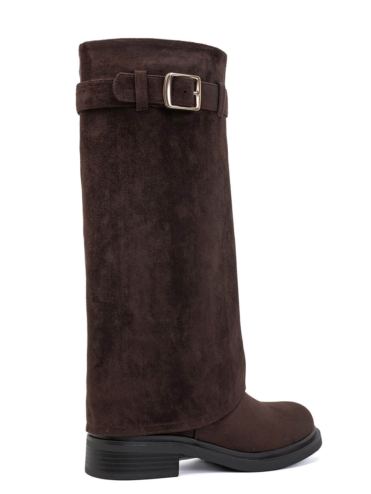 BOTTES SUÉDINE CHOCO TIGE REPLIÉE BOUCLE DORÉE TALON BLOC MISS ADDY