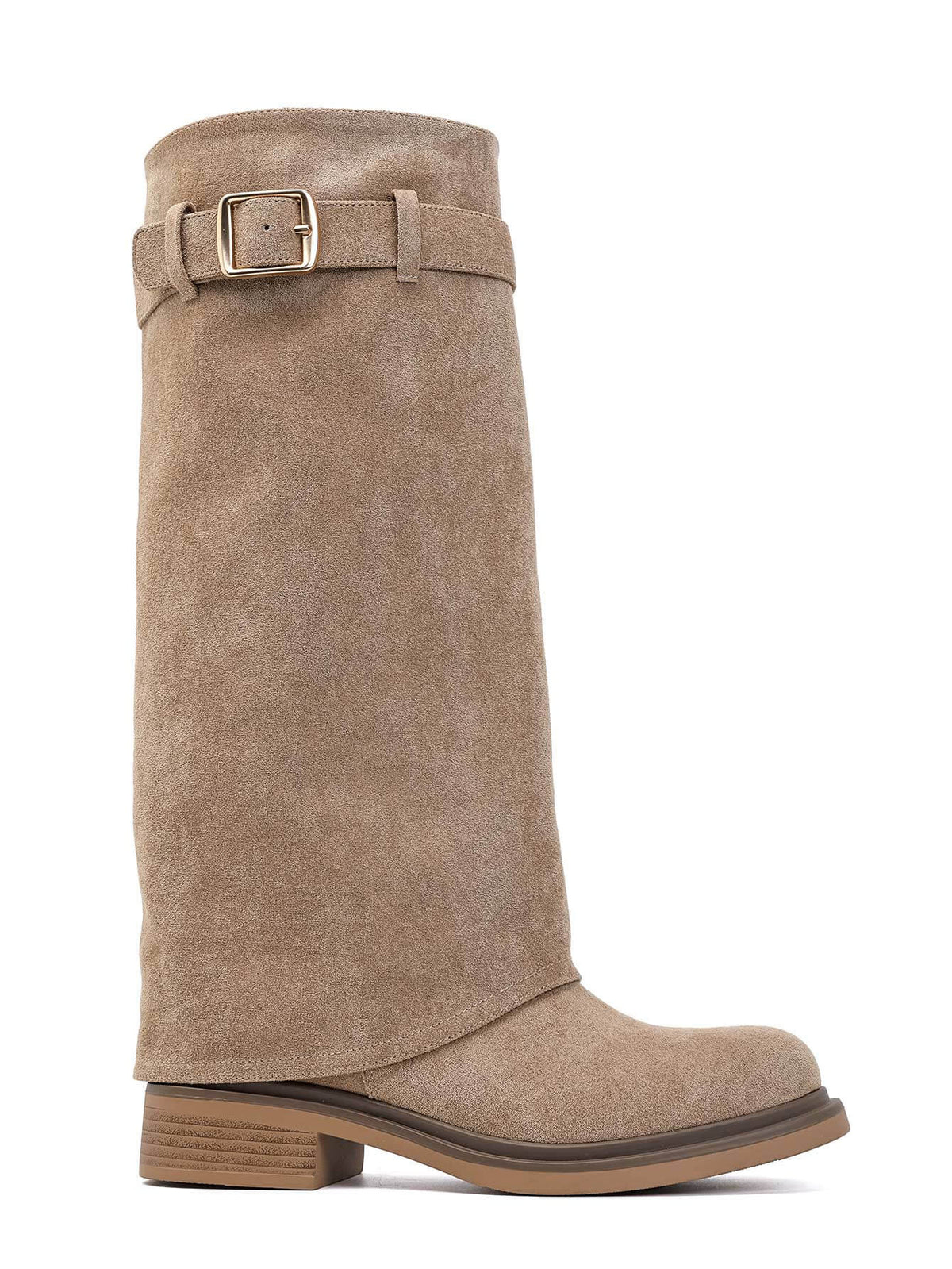 BOTTES SUÉDINE BEIGE TIGE REPLIÉE BOUCLE DORÉE TALON BLOC MISS ADDY