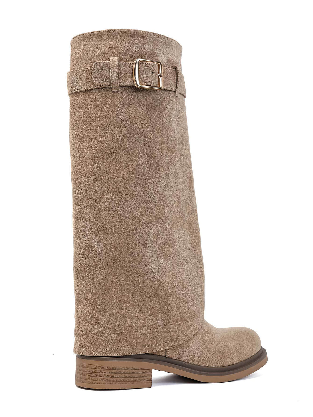 BOTTES SUÉDINE BEIGE TIGE REPLIÉE BOUCLE DORÉE TALON BLOC MISS ADDY