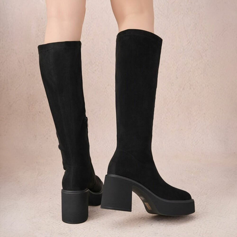 BOTTES HAUTES PLATFORM TALON EPAIS CARRE MISS JUNE SUEDINE NOIR