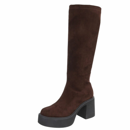BOTTES HAUTES PLATFORM TALON EPAIS CARRE MISS JUNE SUEDINE MARRON CHOCO