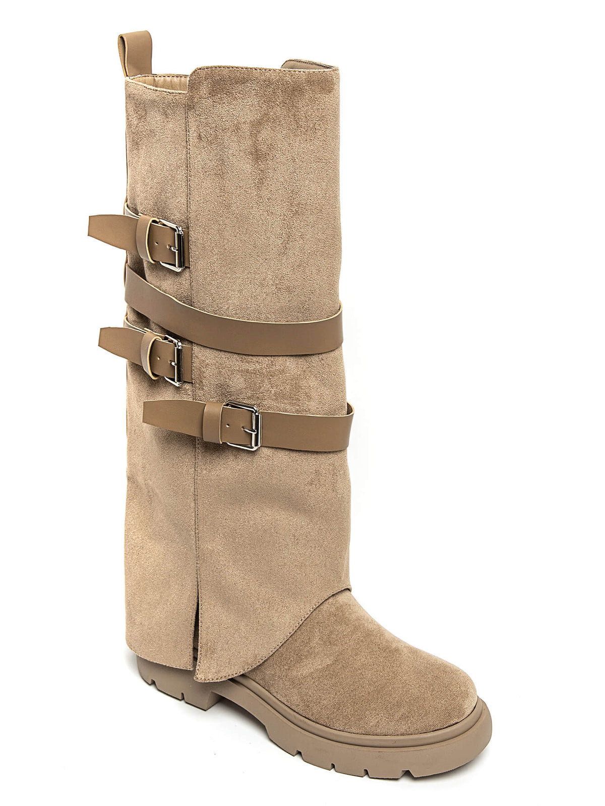 BOTTES HAUTES À RABAT EFFET DAIM TAUPE – BOTTES FEMME À BOUCLES SEMELLE CRANTÉE