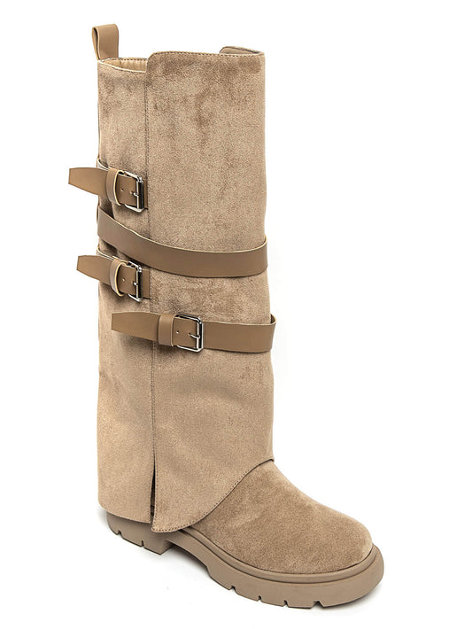 BOTTES HAUTES À RABAT EFFET DAIM TAUPE – BOTTES FEMME À BOUCLES SEMELLE CRANTÉE