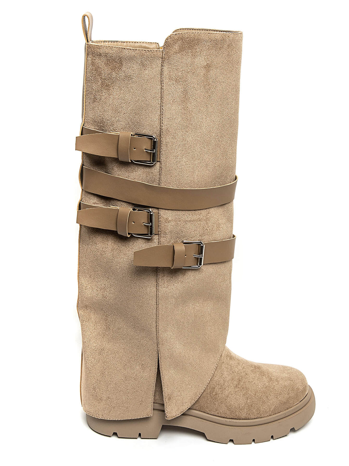 BOTTES HAUTES À RABAT EFFET DAIM TAUPE – BOTTES FEMME À BOUCLES SEMELLE CRANTÉE