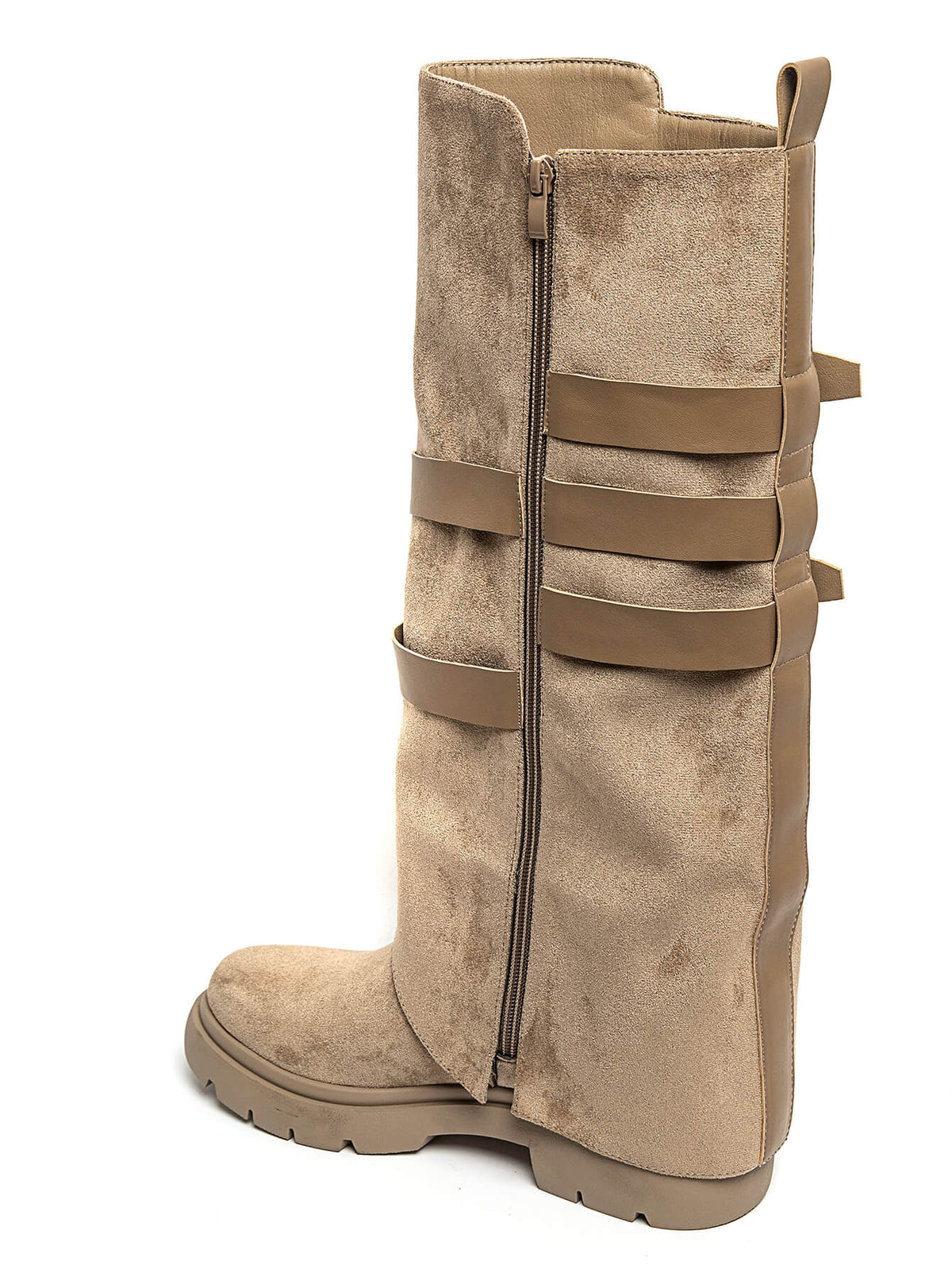 BOTTES HAUTES À RABAT EFFET DAIM TAUPE – BOTTES FEMME À BOUCLES SEMELLE CRANTÉE