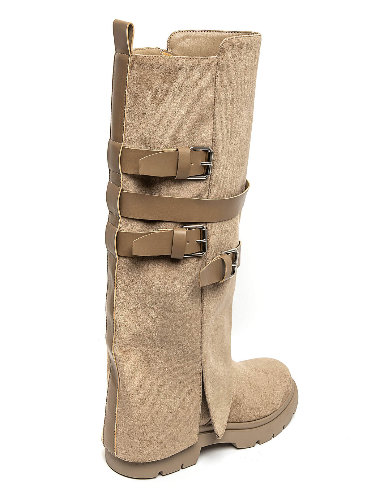 BOTTES HAUTES À RABAT EFFET DAIM TAUPE – BOTTES FEMME À BOUCLES SEMELLE CRANTÉE