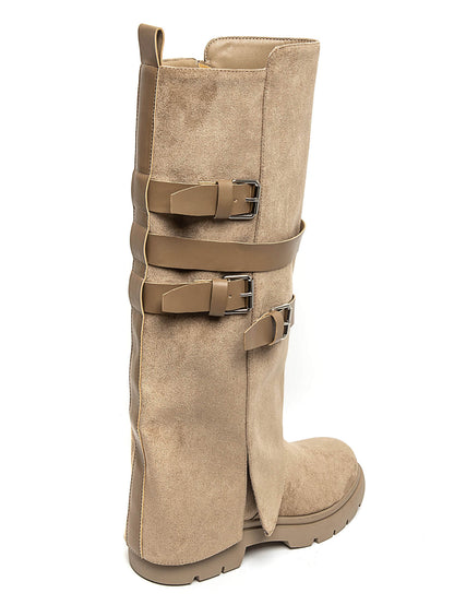 BOTTES HAUTES À RABAT EFFET DAIM TAUPE – BOTTES FEMME À BOUCLES SEMELLE CRANTÉE