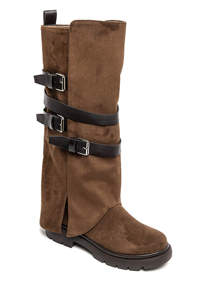 BOTTES HAUTES À RABAT EFFET DAIM CAMEL – BOTTES FEMME À BOUCLES SEMELLE CRANTÉE