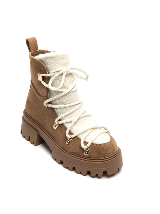 BOOTS RANDO EFFET DAIM ET MOUMOUTE – BOTTINES FEMME À LACETS SEMELLE CRANTÉE CAMEL