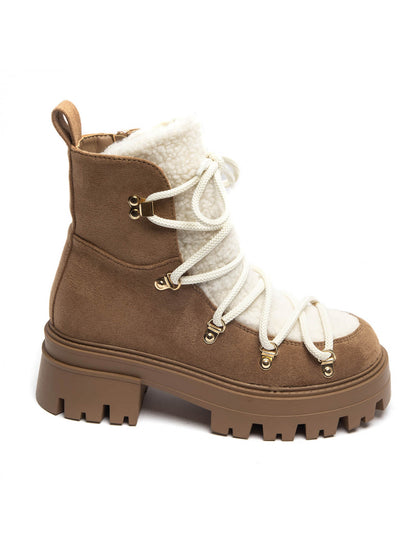 BOOTS RANDO EFFET DAIM ET MOUMOUTE – BOTTINES FEMME À LACETS SEMELLE CRANTÉE CAMEL