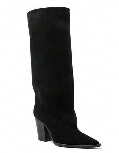 BOTTES HAUTES SUÉDINE BOUT POINTU TALON BLOC – MISS ABIGAIL NOIR
