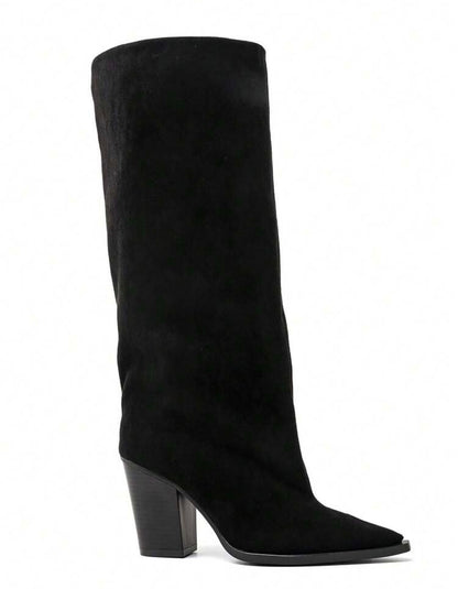 BOTTES HAUTES SUÉDINE BOUT POINTU TALON BLOC – MISS ABIGAIL NOIR