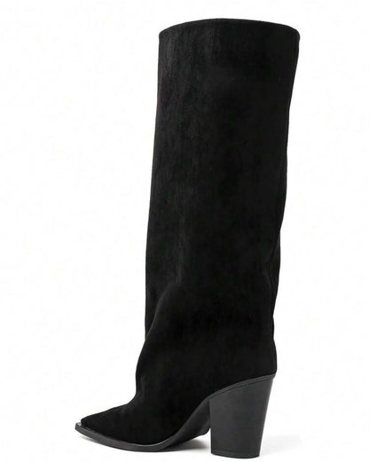 BOTTES HAUTES SUÉDINE BOUT POINTU TALON BLOC – MISS ABIGAIL NOIR