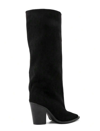 BOTTES HAUTES SUÉDINE BOUT POINTU TALON BLOC – MISS ABIGAIL NOIR