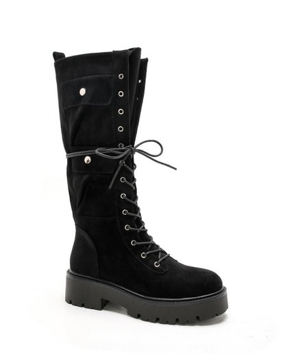 BOTTES RANGERS HAUTES FEMME EFFET DAIM À POCHES CARGO – LACETS, SEMELLE CRANTÉE CHOCO NOIR