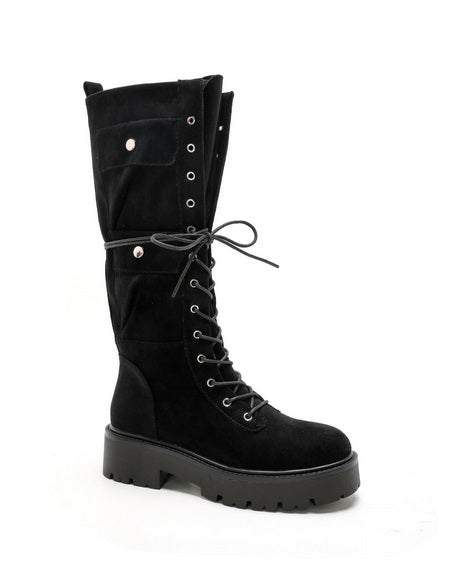 BOTTES RANGERS HAUTES FEMME EFFET DAIM À POCHES CARGO – LACETS, SEMELLE CRANTÉE CHOCO NOIR