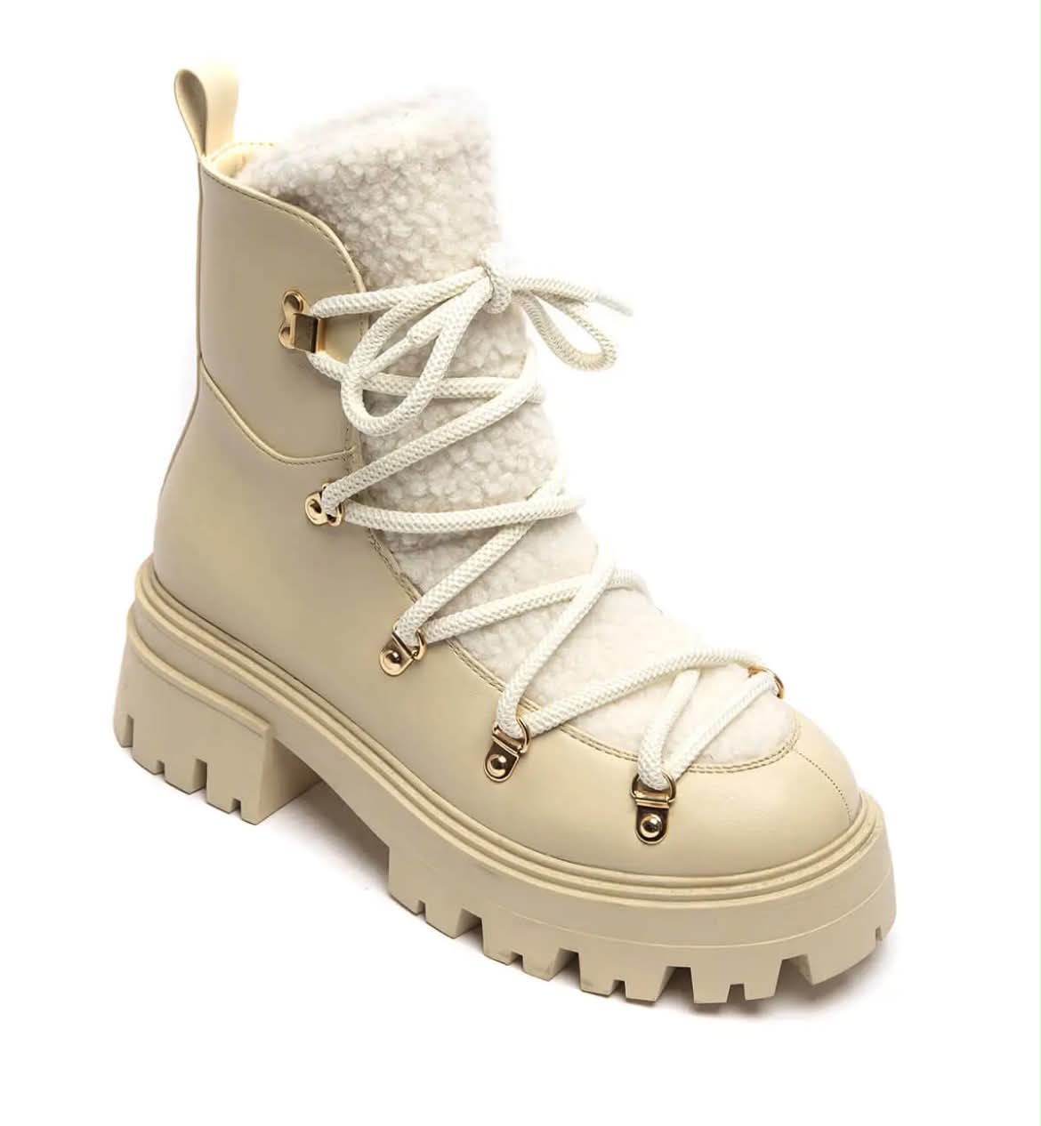 BOOTS SIMILICUIR BEIGE FOURRURE SHERPA LACETS SEMELLE PLATEFORME – MISSKCY