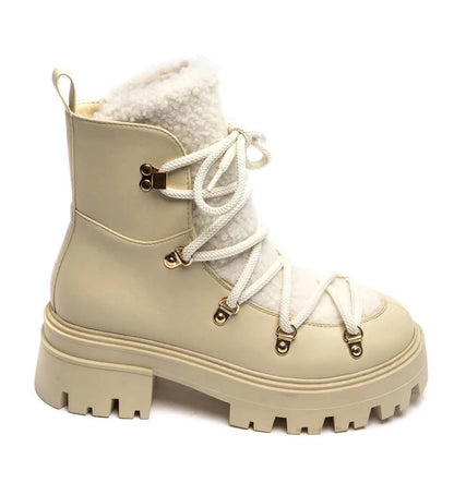 BOOTS SIMILICUIR BEIGE FOURRURE SHERPA LACETS SEMELLE PLATEFORME – MISSKCY